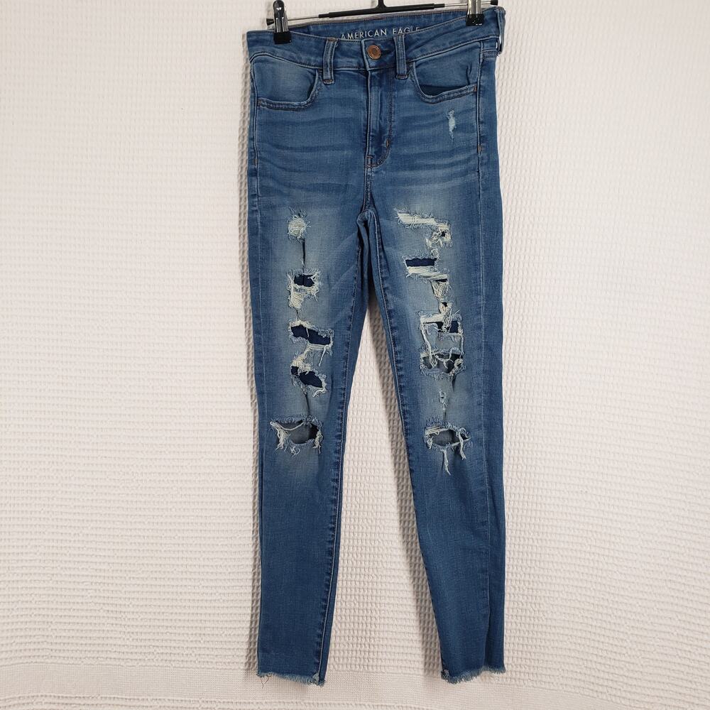 American Eagle Jeans Womens 2 Short Blue Skinny Super Stretch Medium Wash Thrash